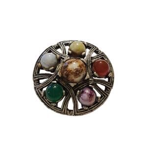 Vintage Scottish Celtic Brooch with Multi Colored Agate Glass Stones, 1960s